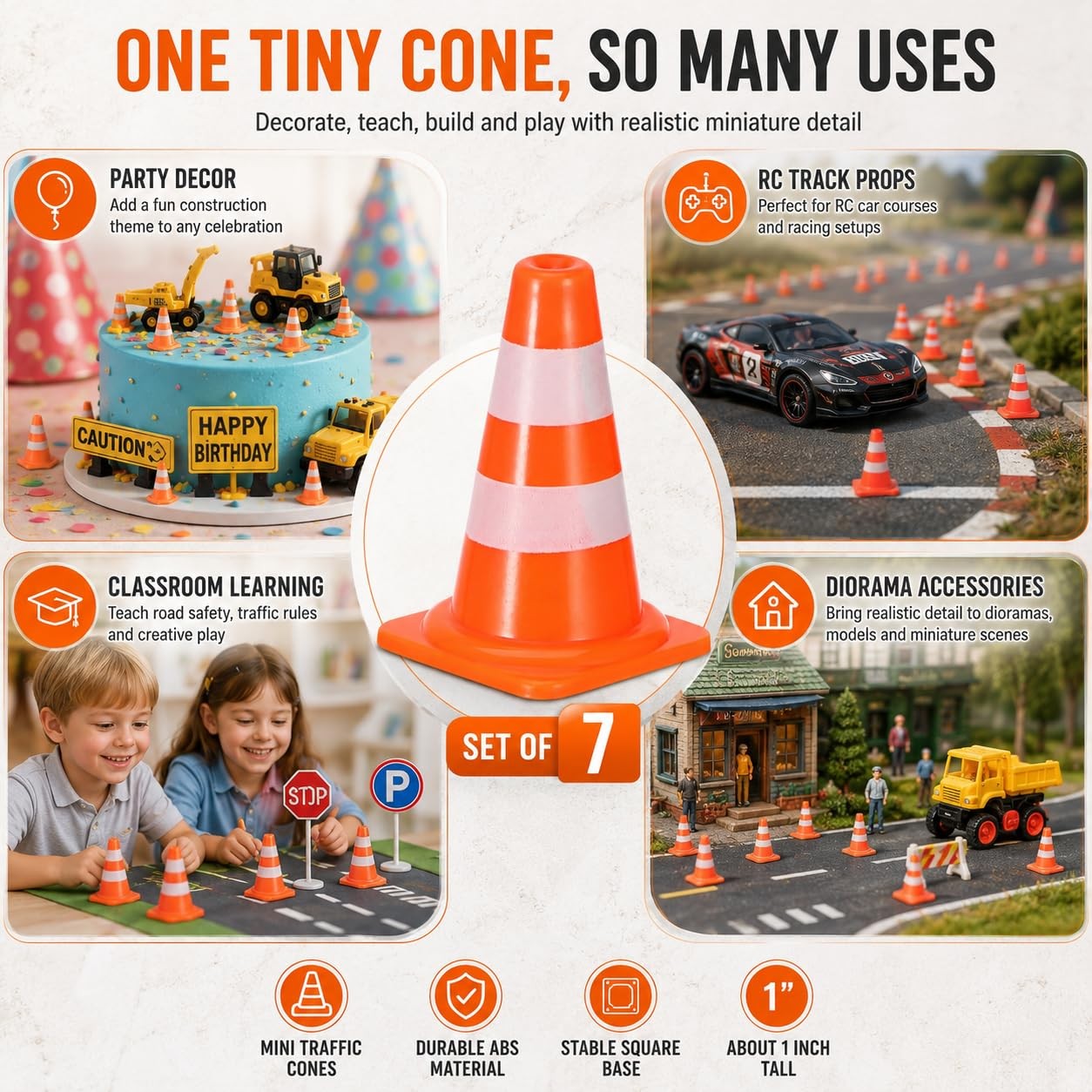 7 Pcs Mini Traffic Cones, 1″ Tiny Orange Safety Cones for Cake Toppers, Const…