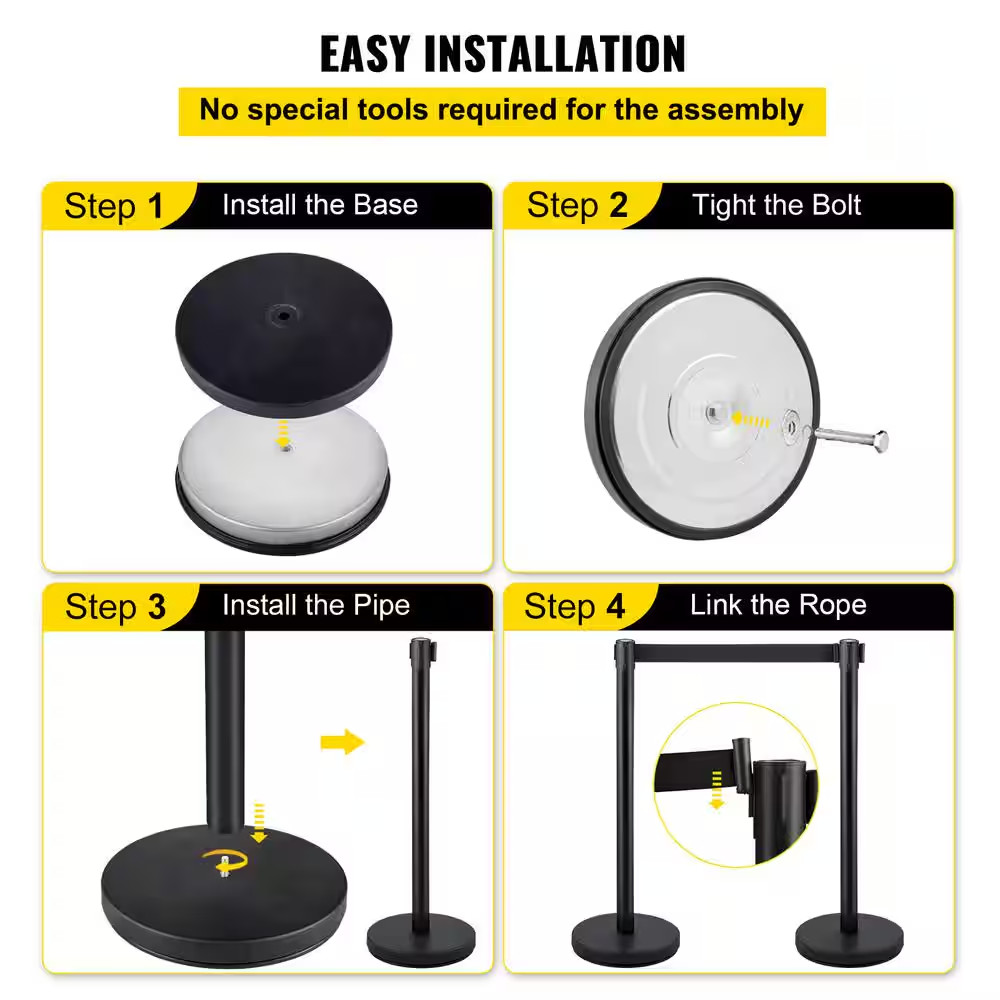 Crowd Control Stanchion Set of 4 Pieces 6.6 Ft. Black Retractable Belt Steel Sta