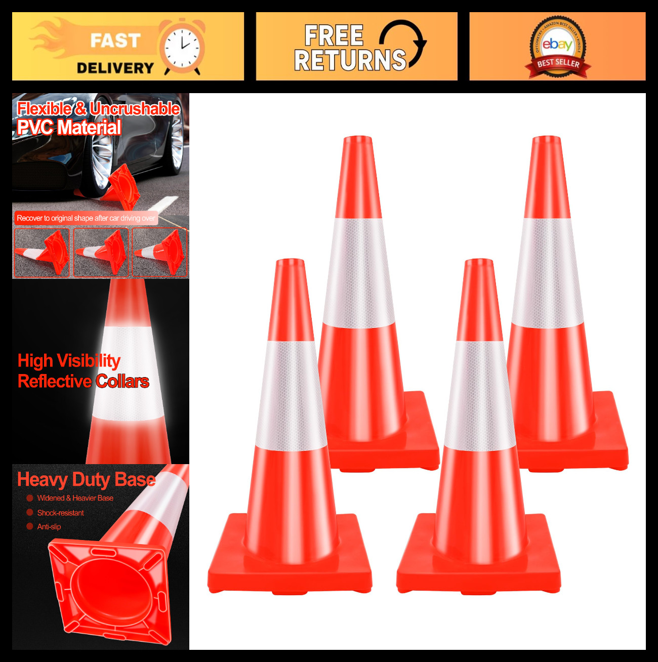 18″ Heavy Duty Traffic Cones – 4 Pack, Weighted with Reflective Collars for Safe