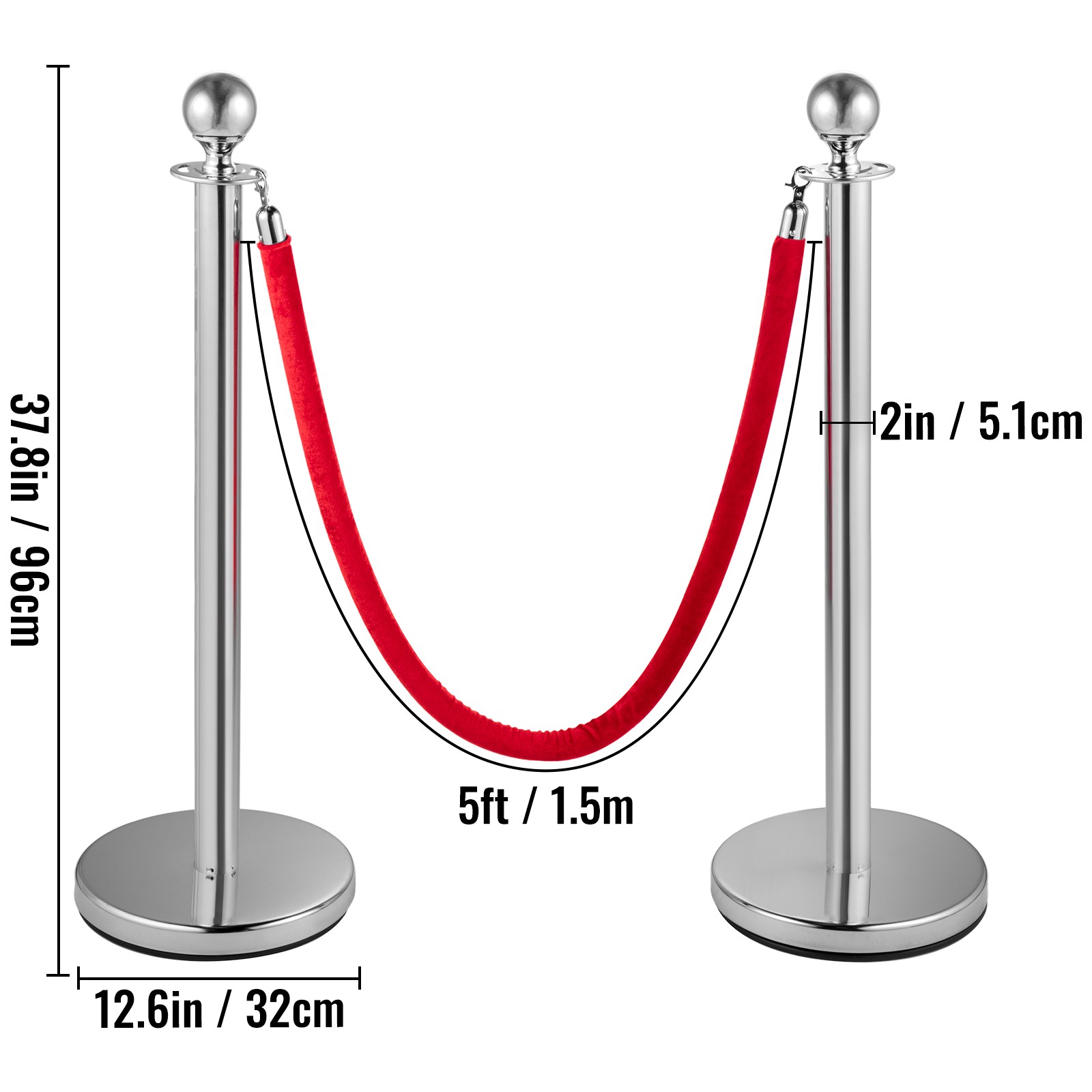 4PCS Stanchion Posts Silver Queue Pole with 3 Velvet Ropes Crowd Control Barrier
