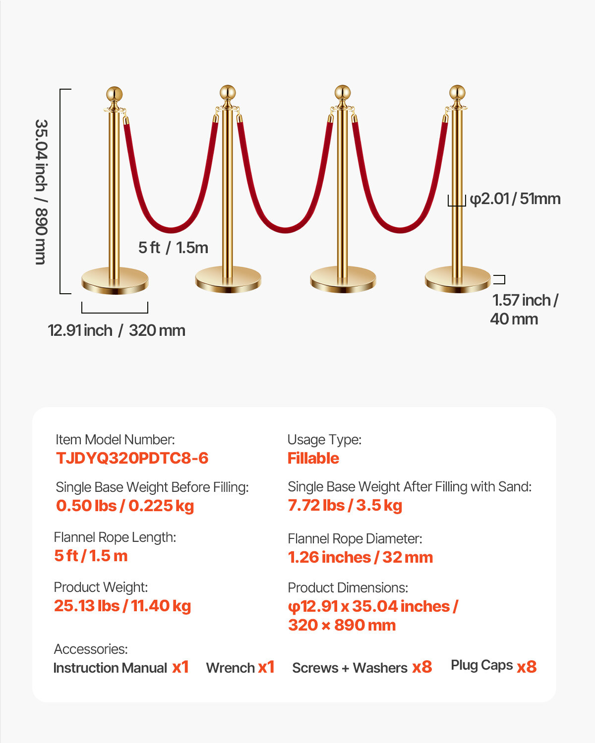8 Pcs Gold Stanchion Post 6 Red Velvet Ropes Sand Injection Hollow Base