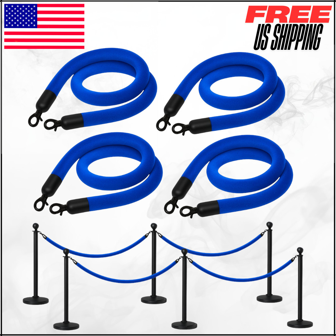 Blue Velvet Rope 5Ft Crowd Control Hanging Stanchion Barrier For Parties 4PC