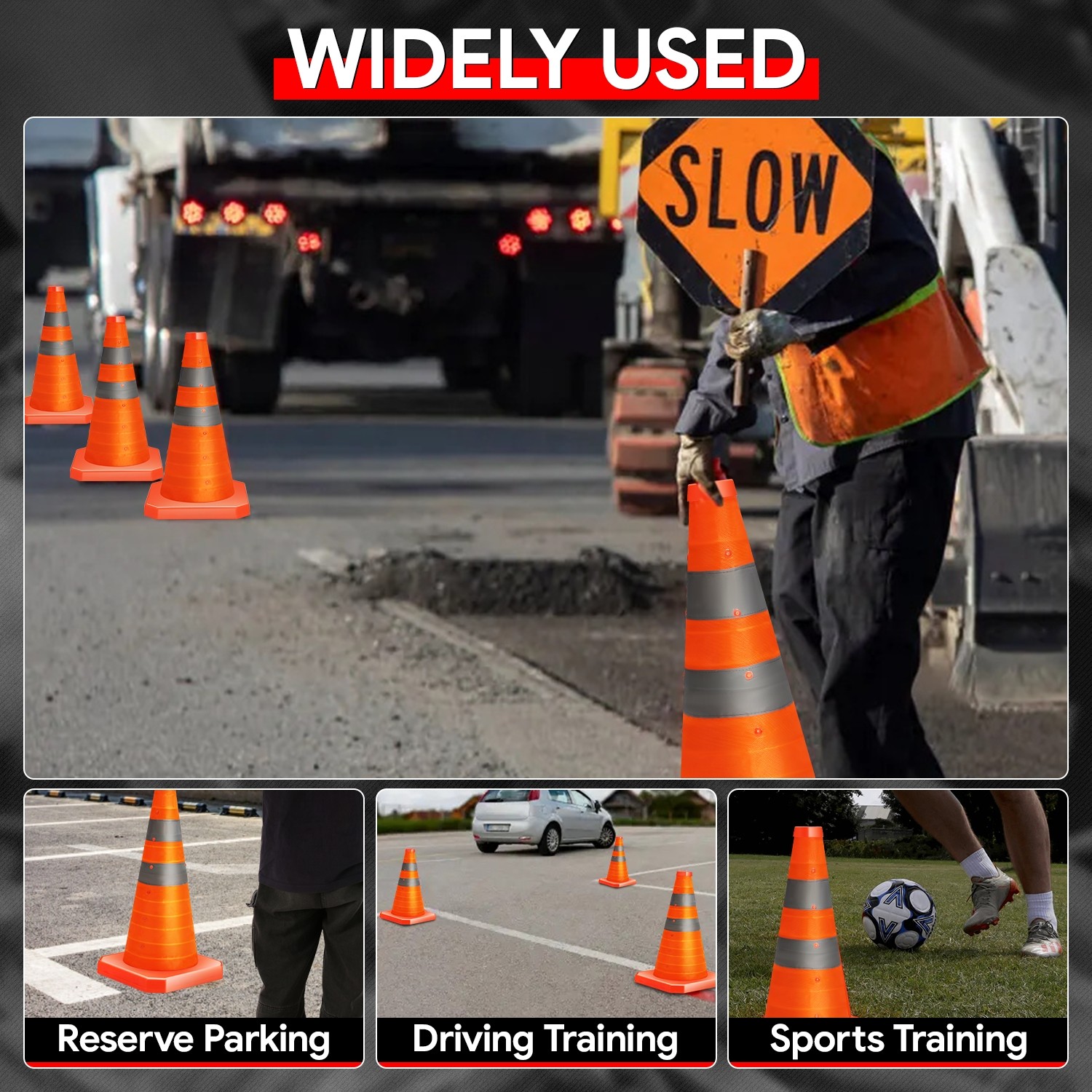 2Pcs 18″ Foldable Collapsible Traffic Safety Orange Cones with Heavy-Duty Base