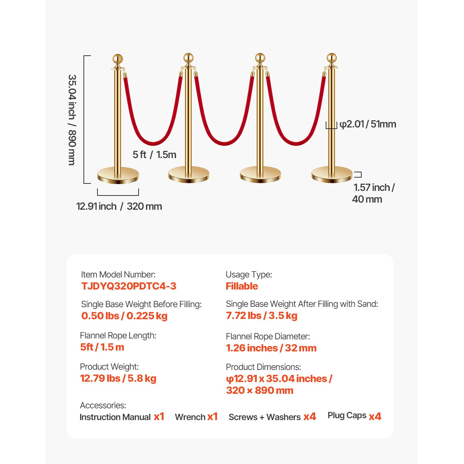 Uimoso 4 Pcs Gold Stanchion Post 3 Red Velvet Ropes Sand Injection Hollow Base