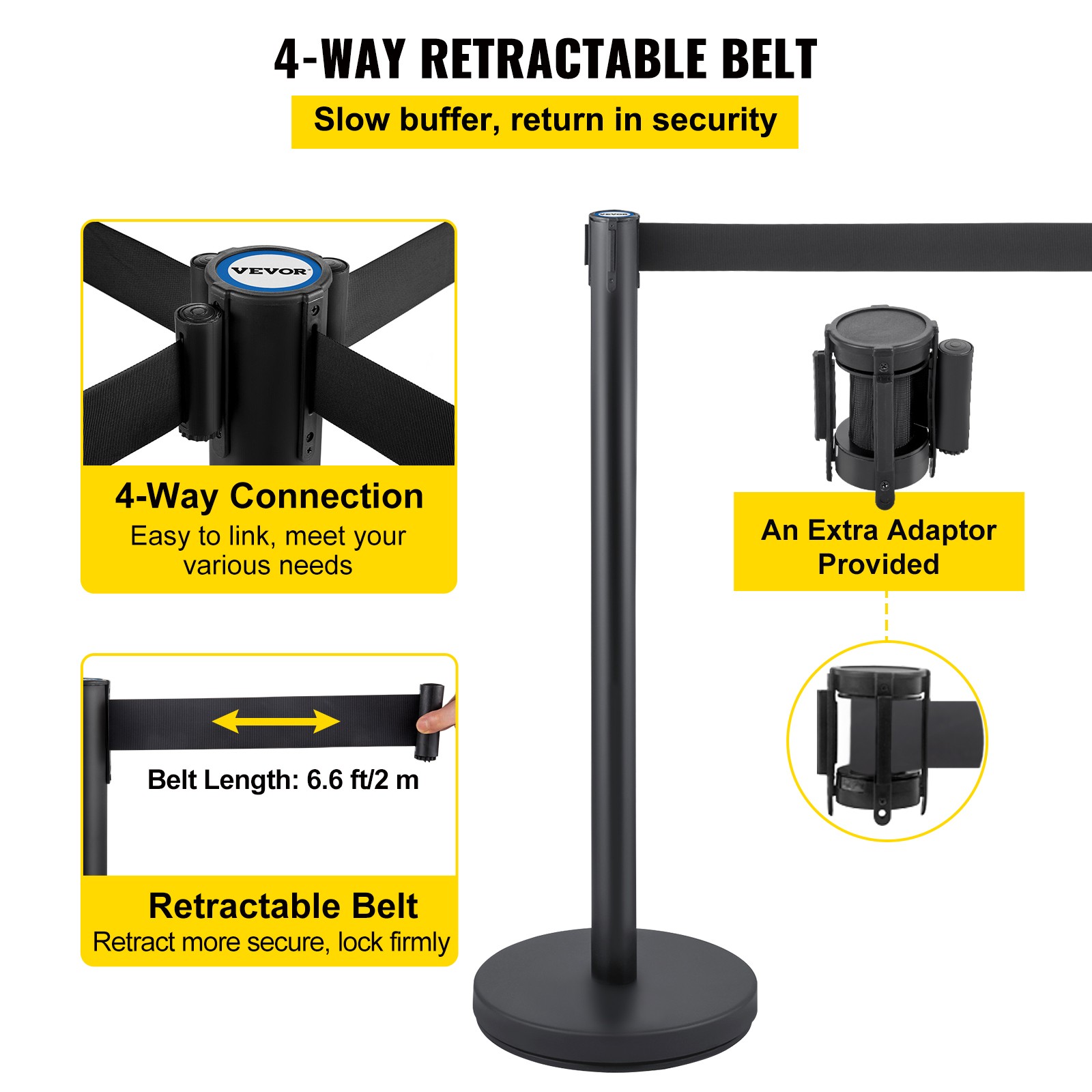 6 PCS Crowd Control Stanchion Barrier Queue Post Set w/ 6.6 ft Black Belt