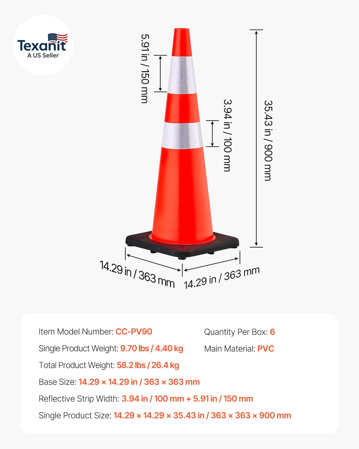 Safety Cones, 6 Pack 36″ Traffic Cones, PVC Orange Construction Cones with Refle
