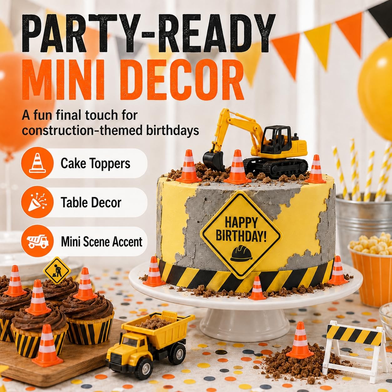 7 Pcs Mini Traffic Cones, 1″ Tiny Orange Safety Cones for Cake Toppers, Const…