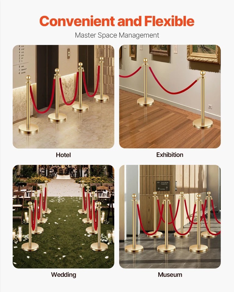 8Pcs Stanchion Post Queue Barrier Crowd Control Sand Injection Base Gold