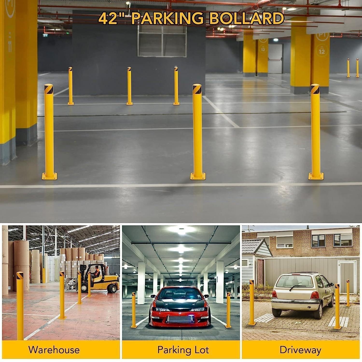 1/2/4/6 PCS Safety Bollard 42″ High Q235 Steel Post Yellow Pipe Bar