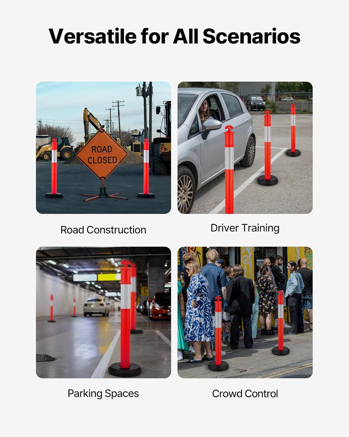 9 Pack 45″ Heavy Duty Traffic Delineator Posts with Reflective Strips – Red