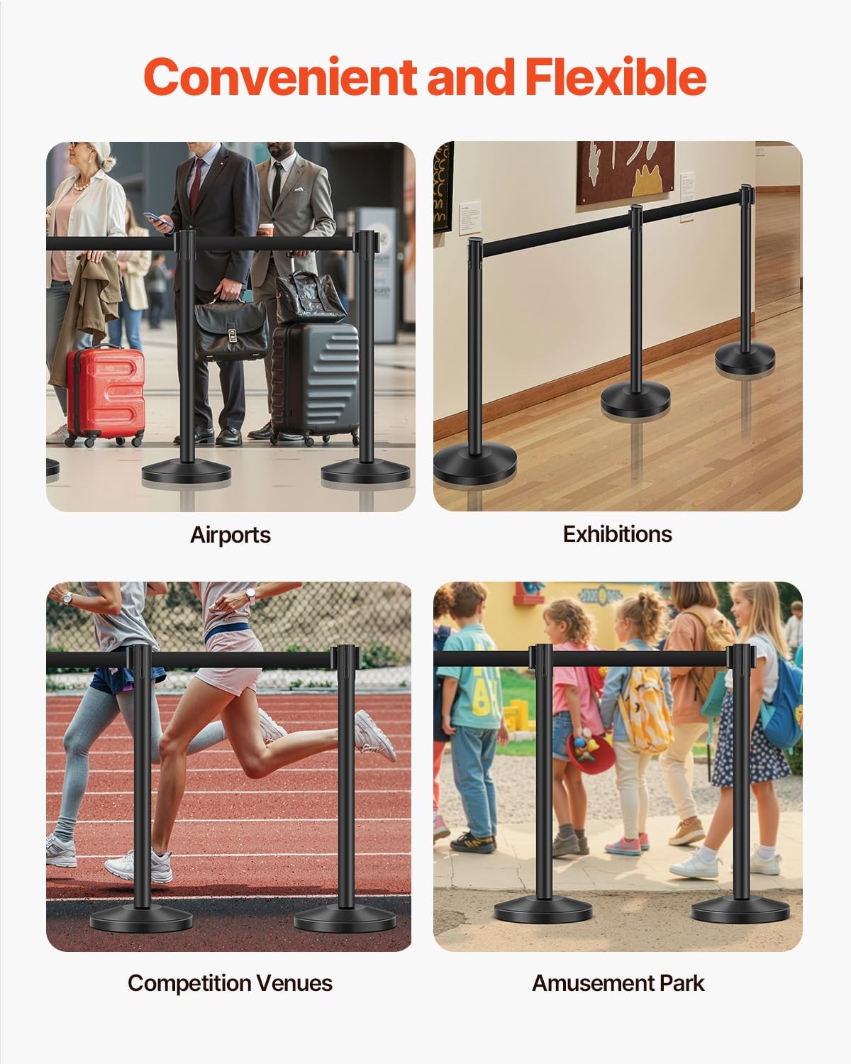 6 Pcs Crowd Control Stanchion Set ,with Retractable Belts Black Stanchions Queue