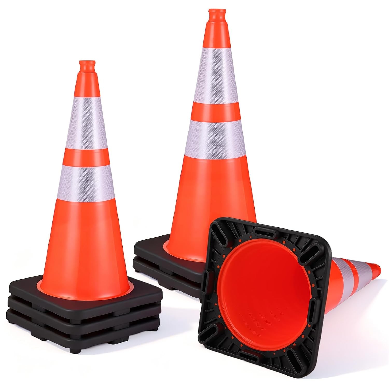 28 Inch Traffic Cones W/ 7 Lb Black Base & Reflective Collars Durable