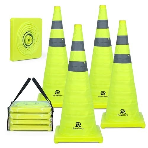28″ Collapsible Traffic Safety Cones – 4 Pack, Lime Green, Reflective Collar, Ro