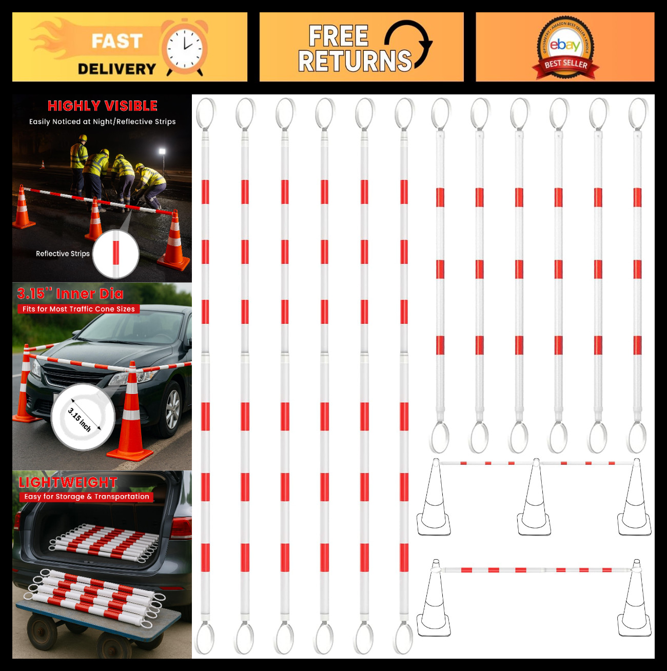 12 Pcs Expandable Traffic Cone Bar 4ft-7.2ft, Lightweight Safety Barricade for R