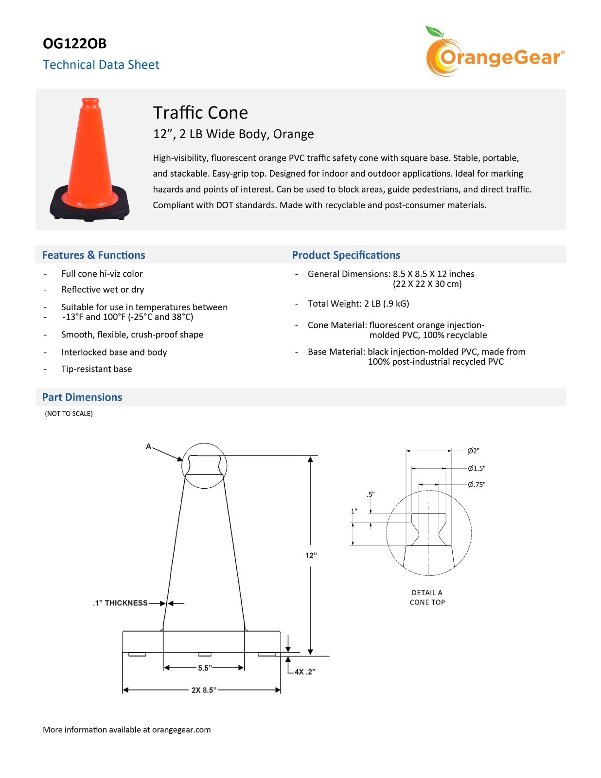 OrangeGear® 12″ 2 lb. Black Base Orange PVC Traffic Cone (10 Pack)