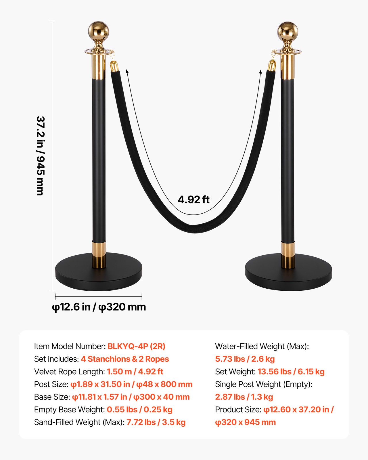 VEVOR 4 Pcs Stanchion Post with 2 Black Velvet Ropes and Hollow Base Black