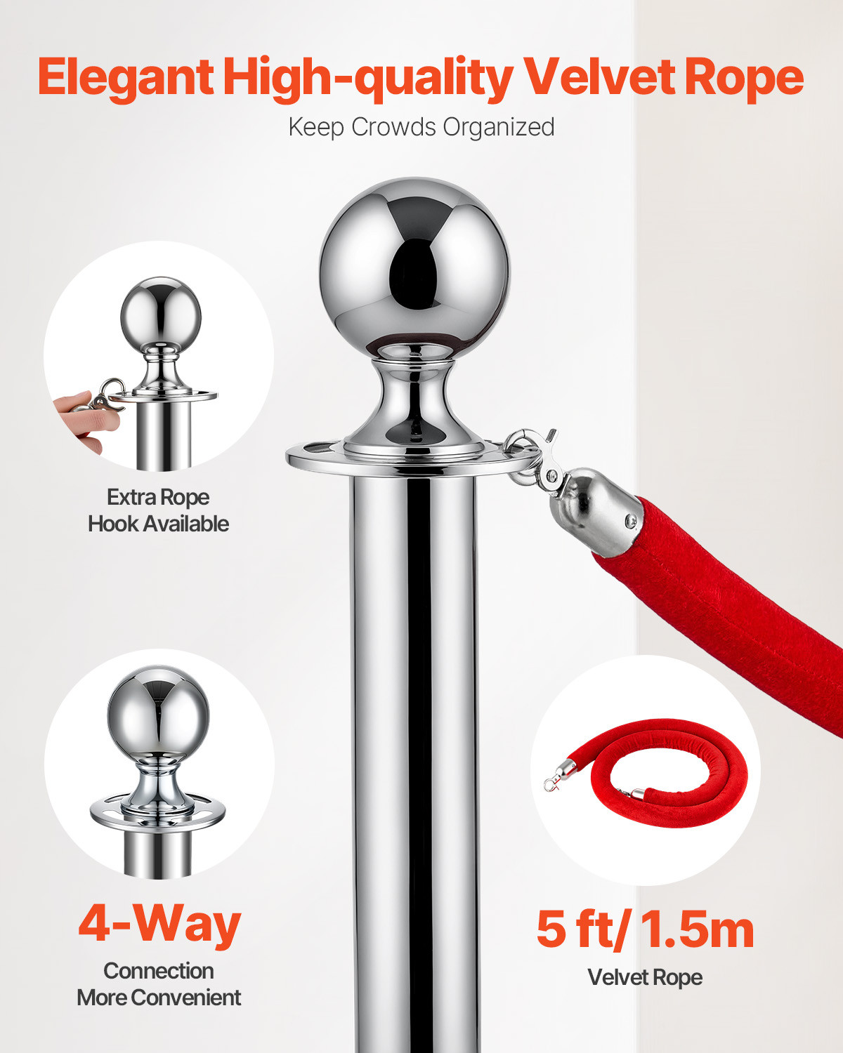 6 Pcs Silver Stanchion Post 3 Red Velvet Ropes Sand Injection Hollow Base