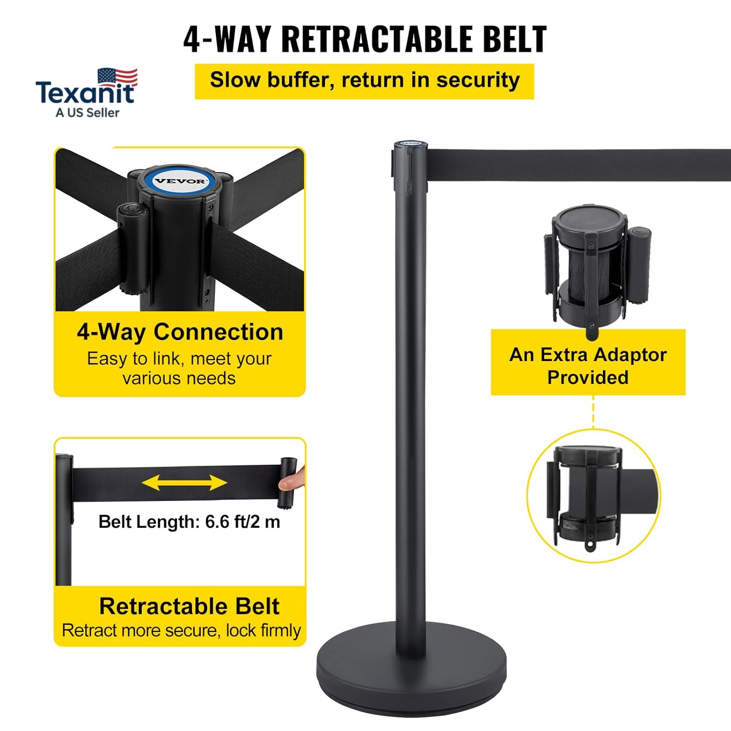 Crowd Control Stanchion Set, Stanchion Set with 6.6 Ft/2 M Black Retractable Bel