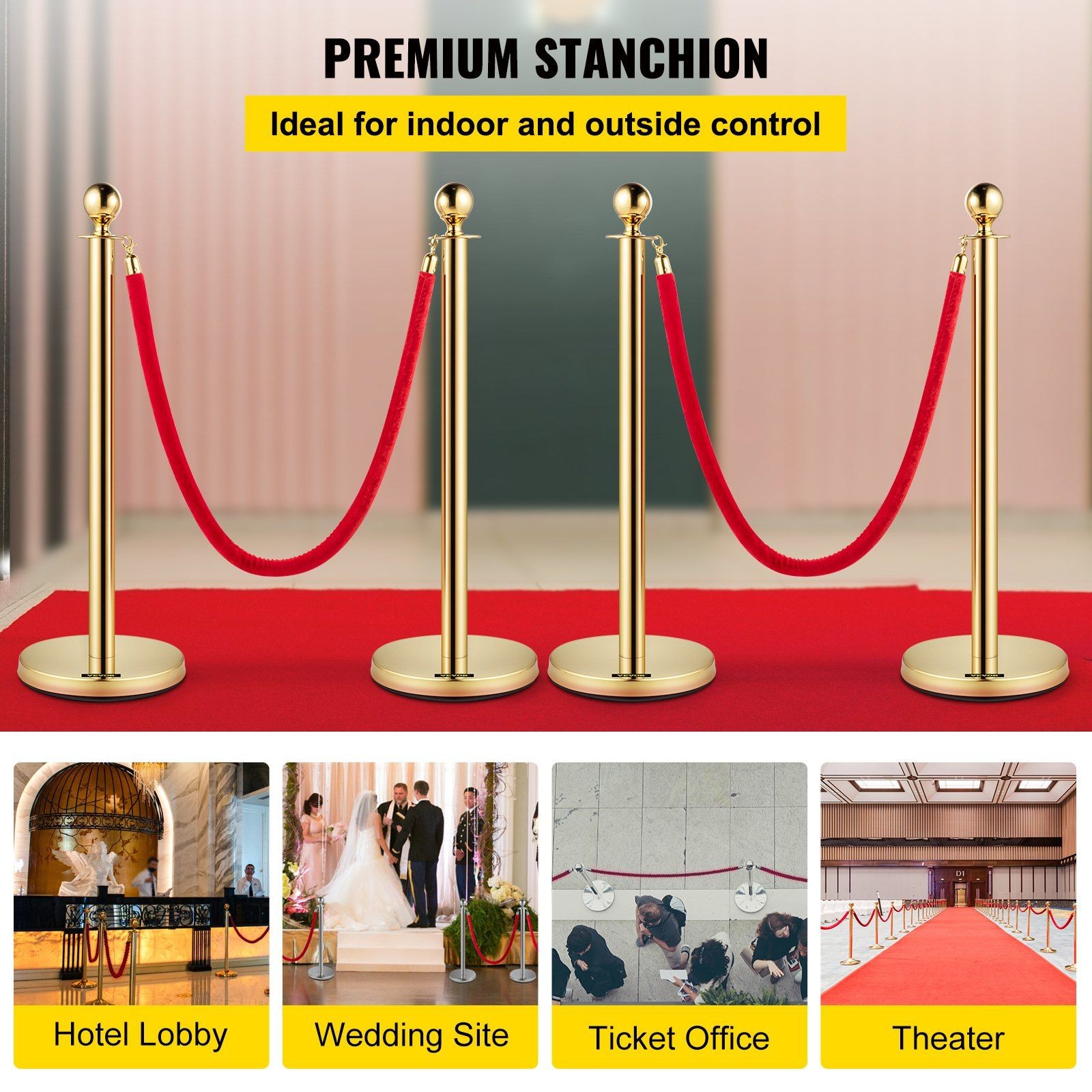 Premium 38in Queue Barrier, Red Flannel Rope, Metal Chassis Base 12.6in