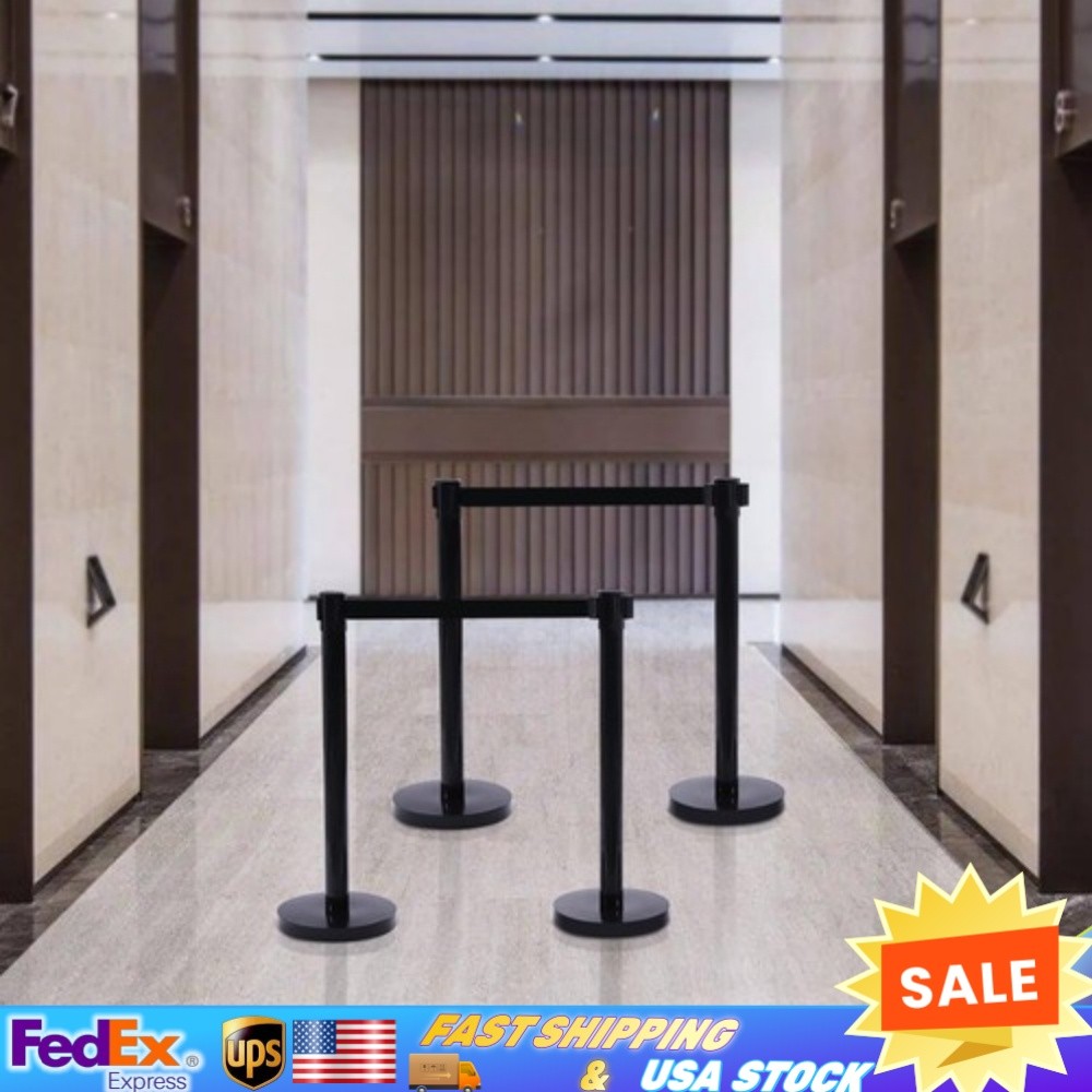 4* Black Retractable Belts Stanchion Post Event & Party Crowd Control 6.6ft Belt