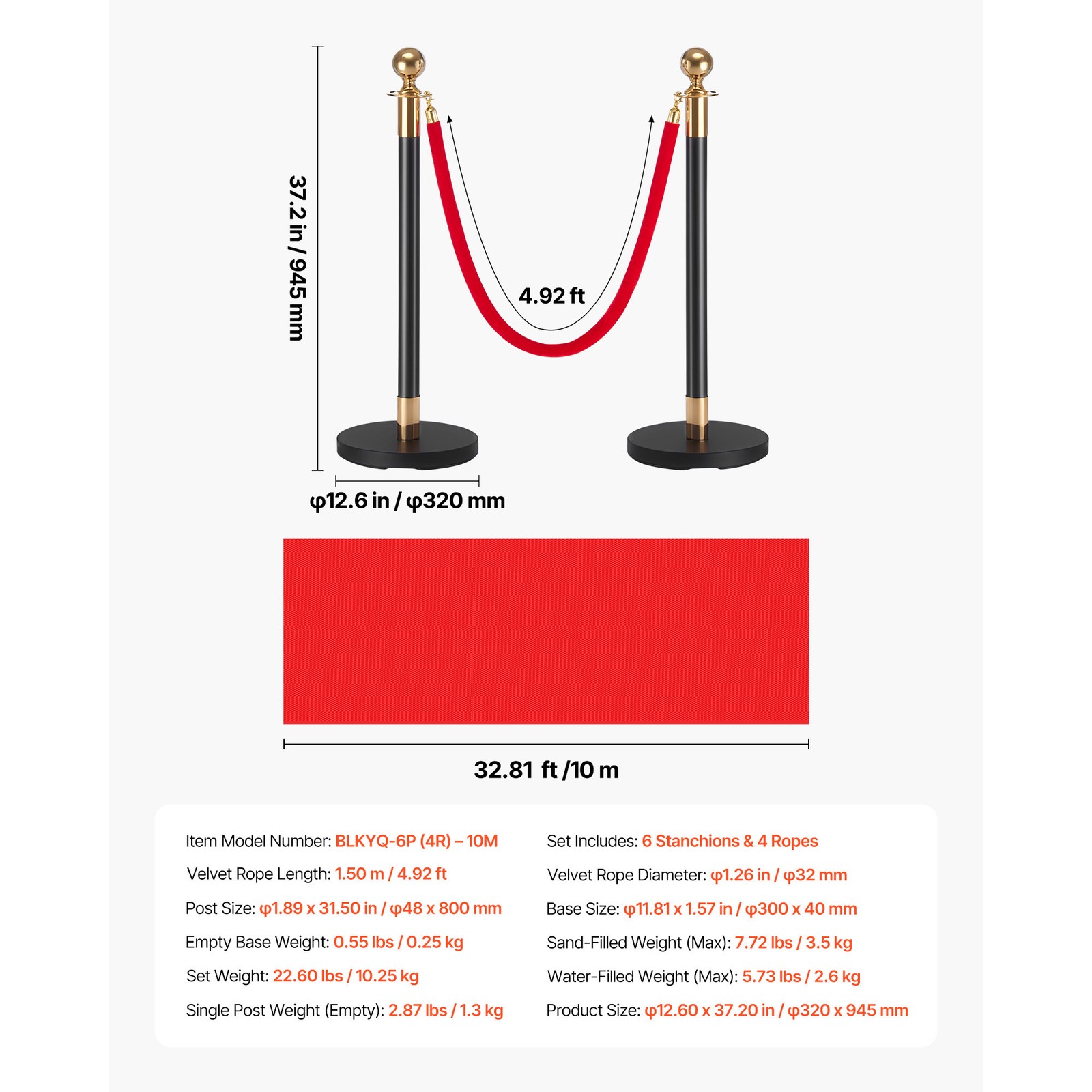 Uimoso 6-Piece Stanchion Set with Red Carpet & 4 Velvet Ropes,Hollow Base, Black