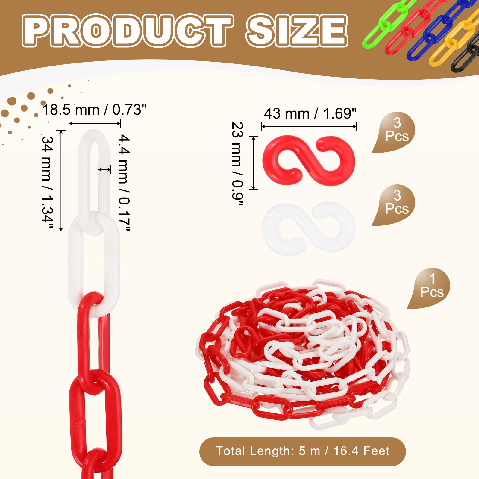 Barrier Chain, (16.4ft 0.7″ Dia., Red/White), Plastic Safety Chain Link W S Hook