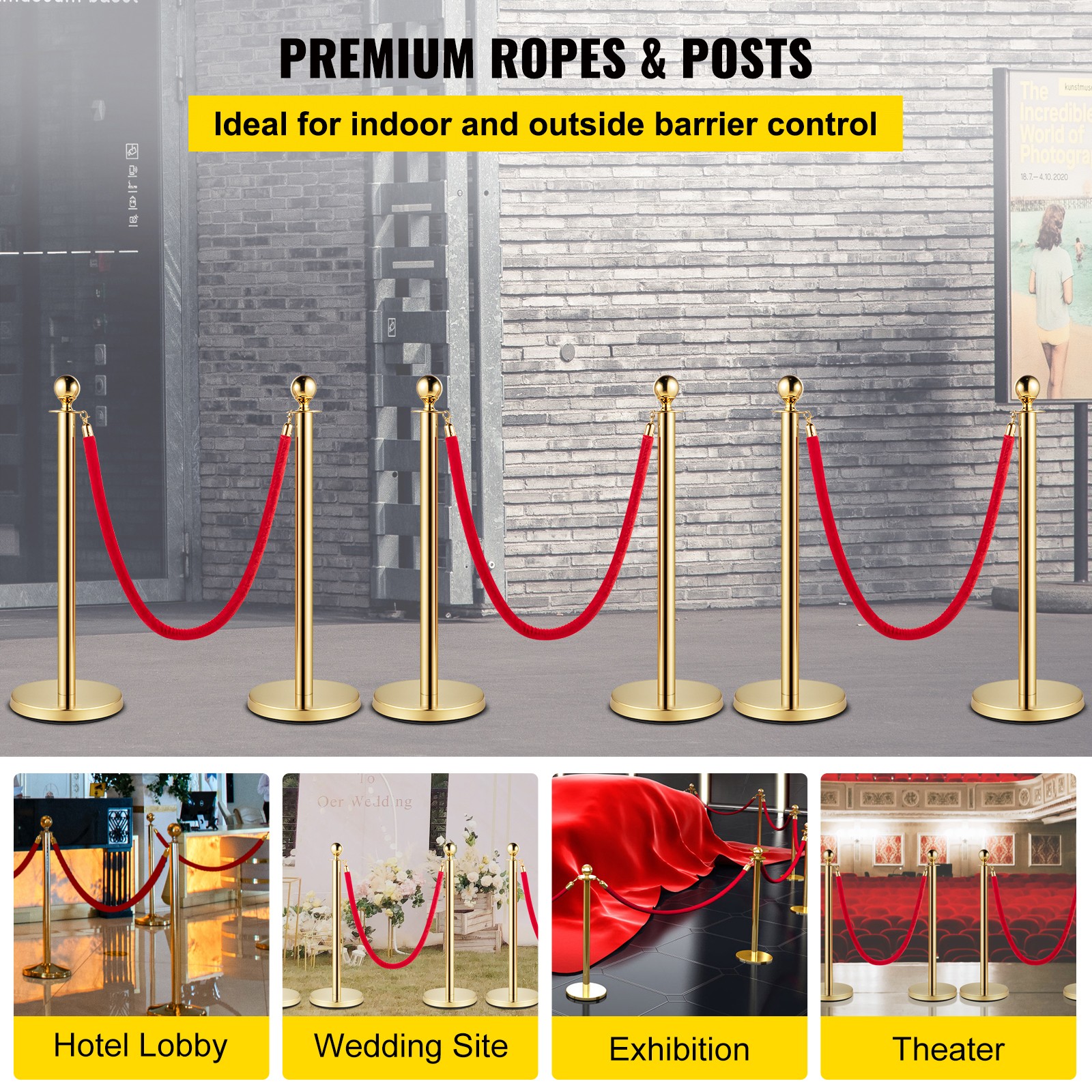 VEVOR Velvet Ropes and Posts Gold Stanchion 5ft/1.5m Crowd Control Barriers 6PCS