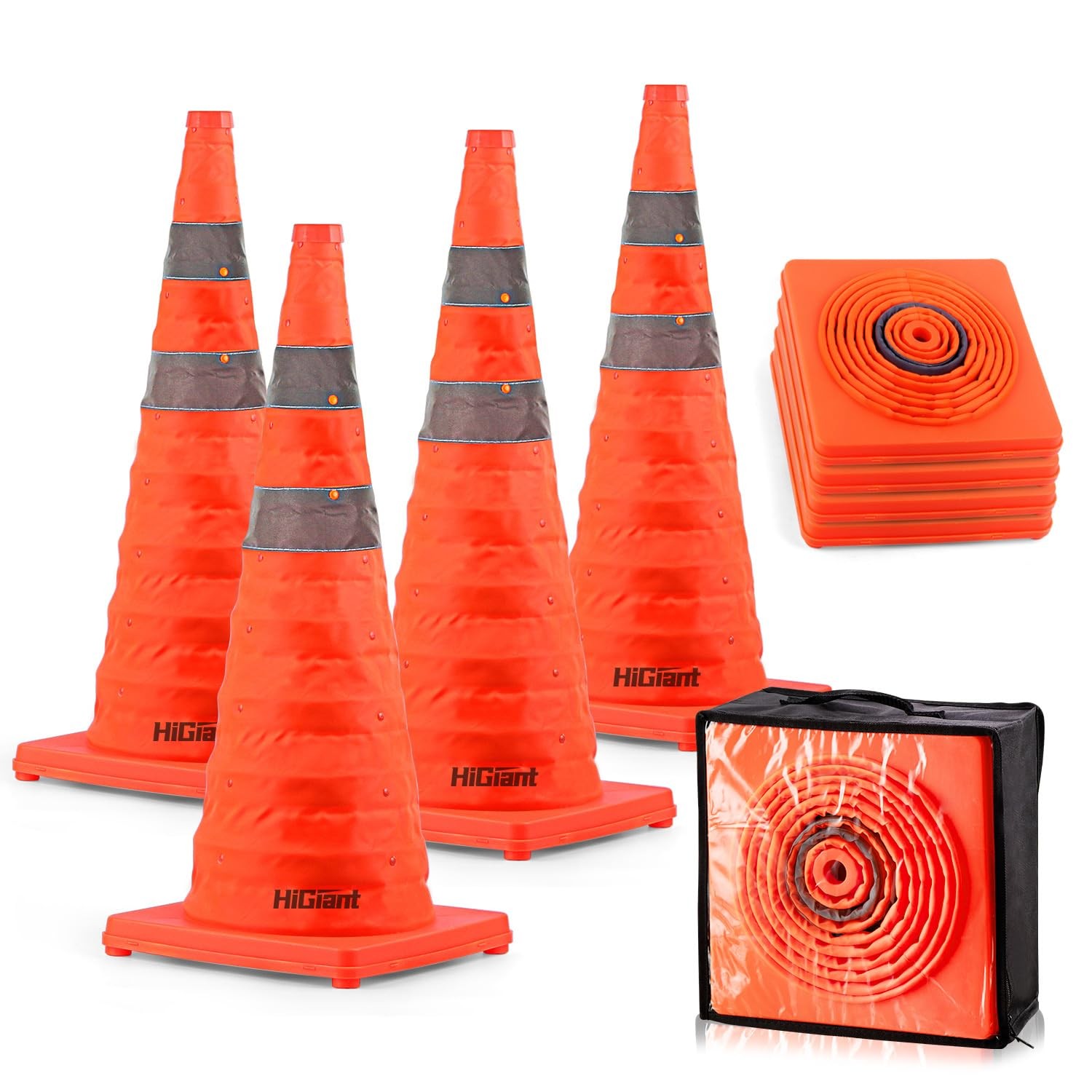 [4 Pack] Collapsible Traffic Safety Cones 28 Inch, Orange Pop-up Cones with R…