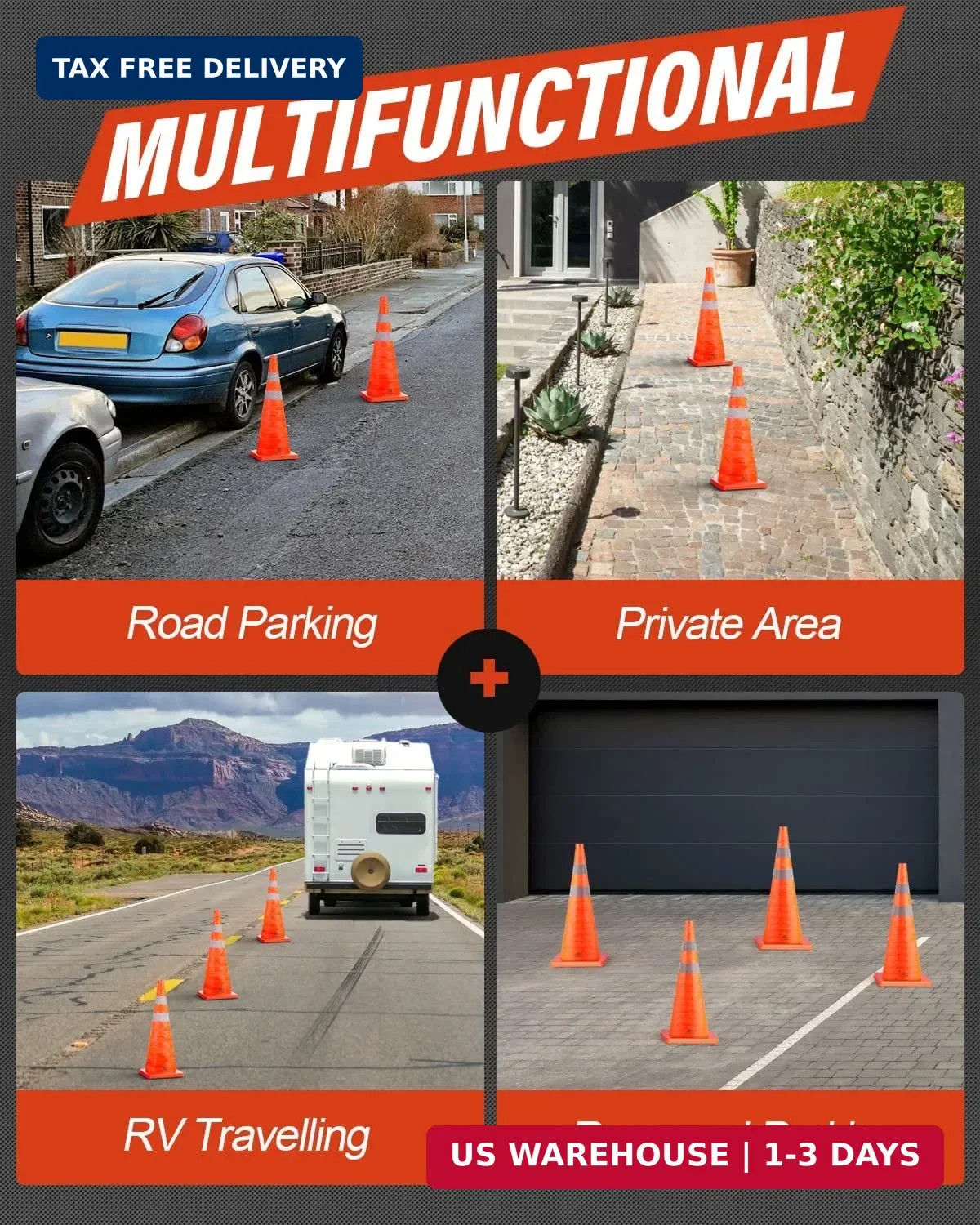 RoadHero 18 Inch 4 Pack Collapsible Traffic Safety Cones, Multi Purpose Pop-up C
