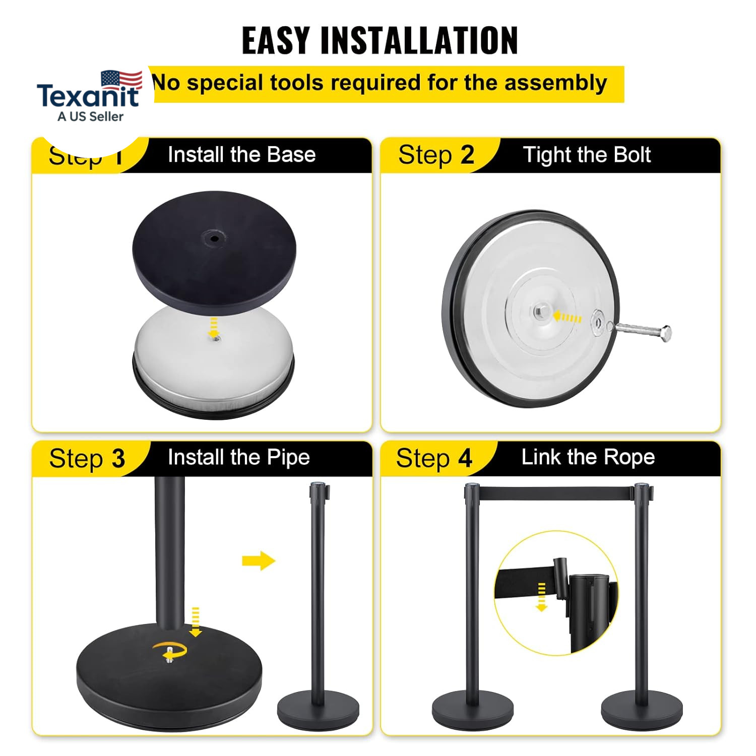 Crowd Control Stanchion Set, Stanchion Set with 6.6 Ft/2 M Black Retractable Bel