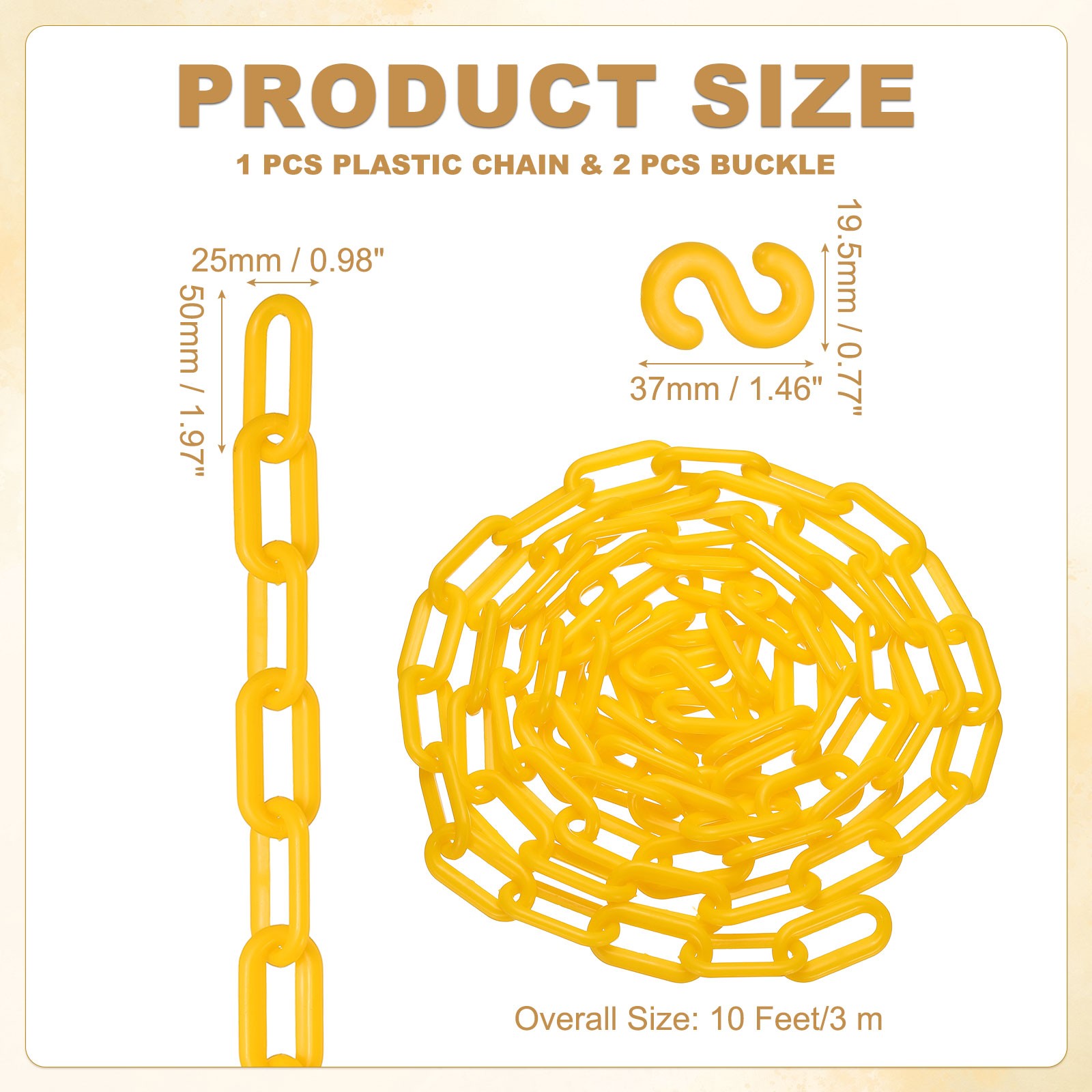 10 Feet Plastic Chain Link Safety Barrier Chain 1×2 Inch Buckle Yellow