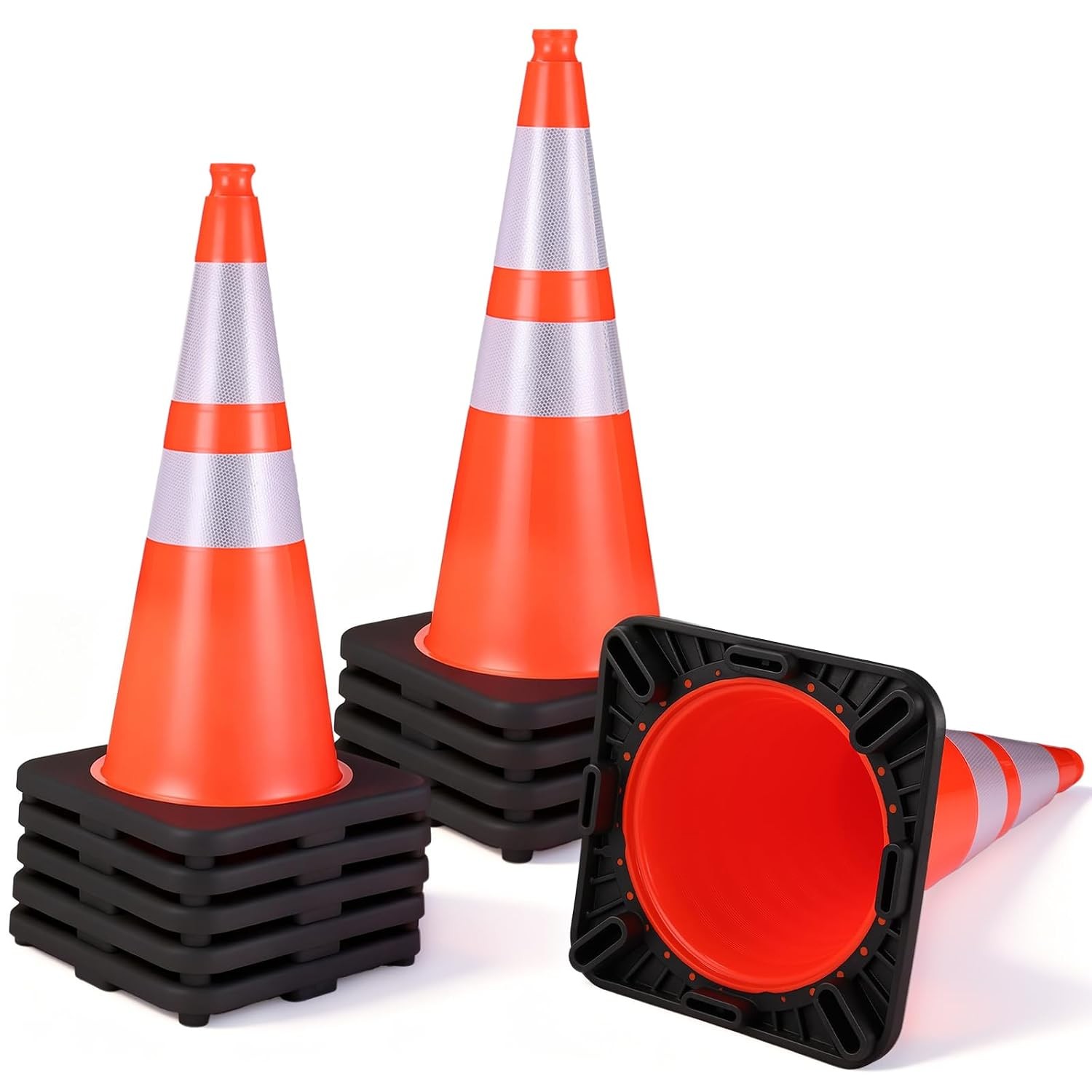 28 Inch Traffic Cones W/ 7 Lb Black Base & Reflective Collars Durable