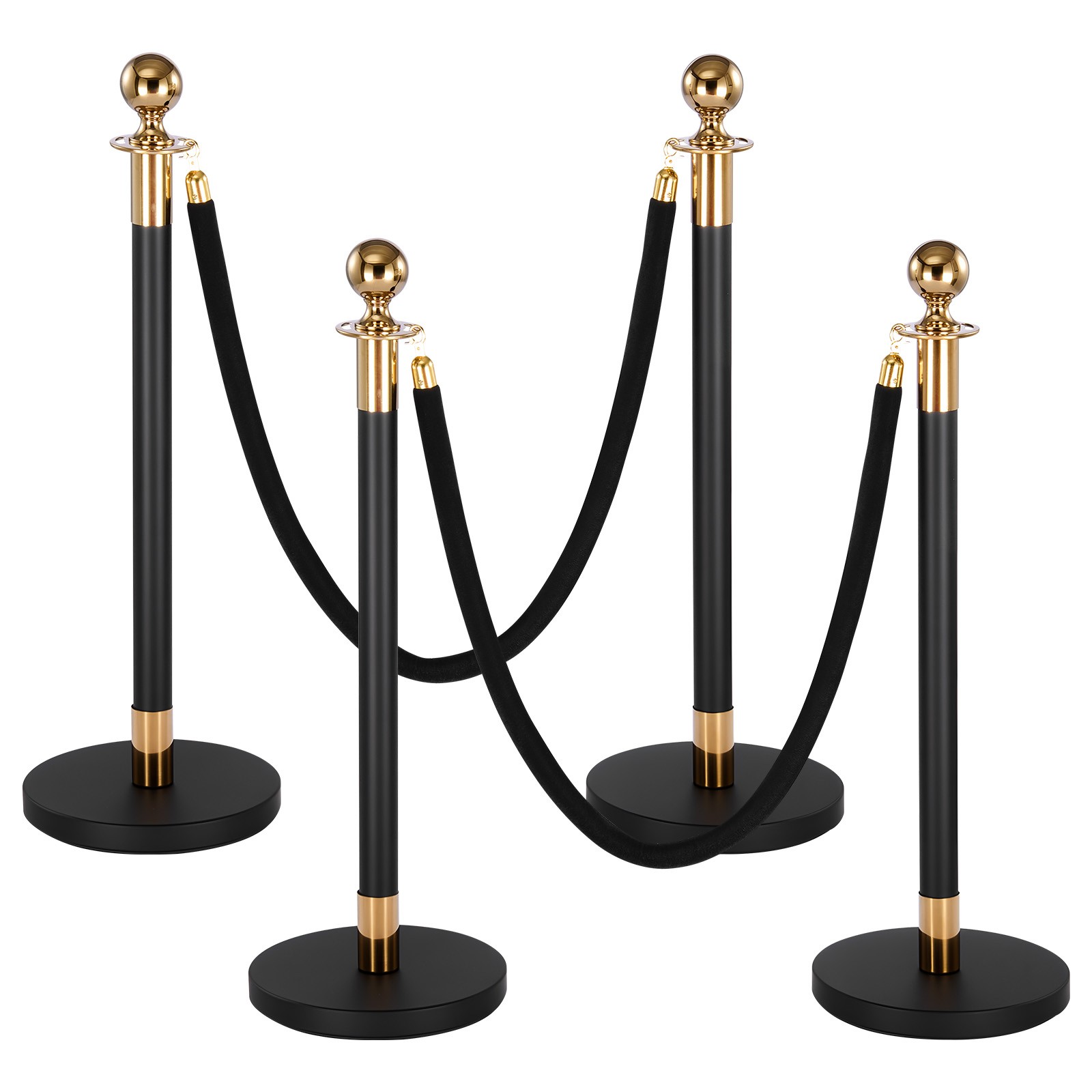 VEVOR 4 Pcs Stanchion Post with 2 Black Velvet Ropes and Hollow Base Black