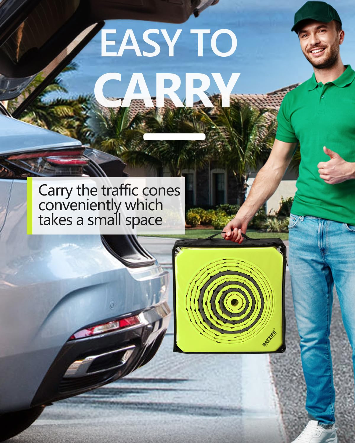 2 Pack 36 Inch Collapsible Traffic Cones, Lime Green Safety Cones, Pop-Up Cones
