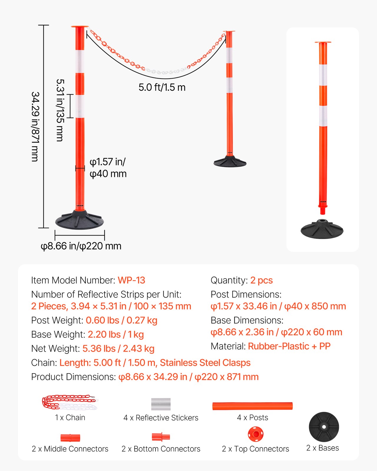 VEVOR 2 Packs Traffic Delineator Posts 34 in Safety Cones Weighted Base & Chains