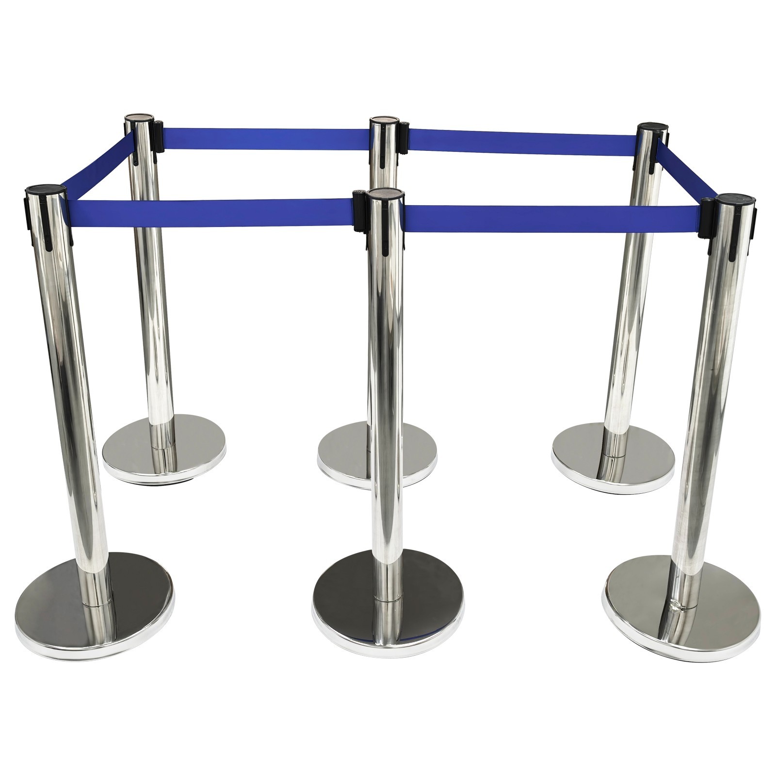 6 PCS Stainless Steel Stanchions with Blue Belts Posts Covers and Bases Blue Ret