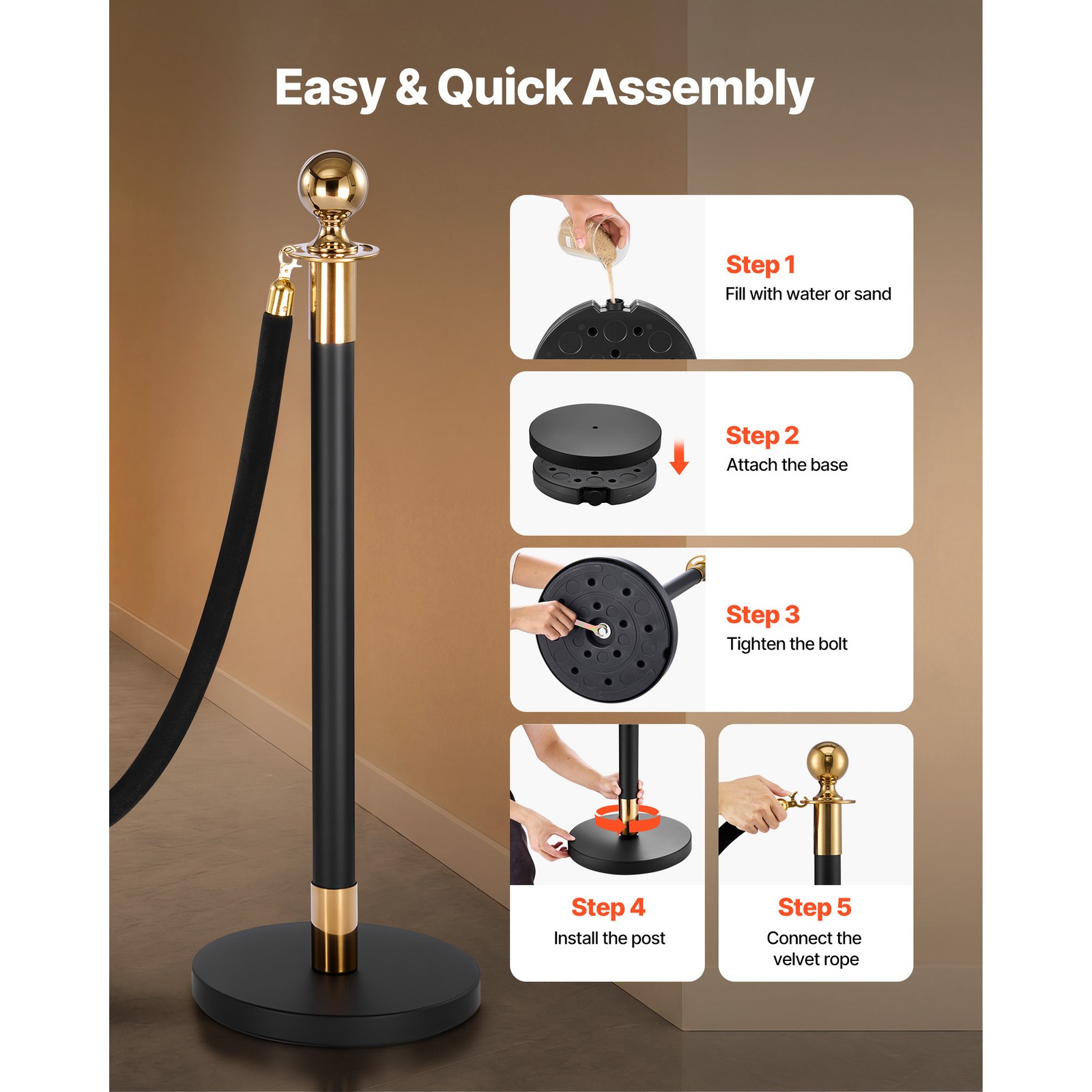 Uimoso 8-Piece Stanchion Post Crowd Control Set 6 Black Velvet Ropes Hollow Base