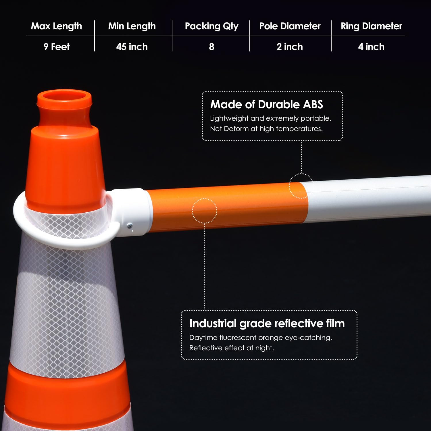 8 Pack Min 4′ Feet to Max 7′ Feet Retractable Traffic Cone Bars, Expandable Refl
