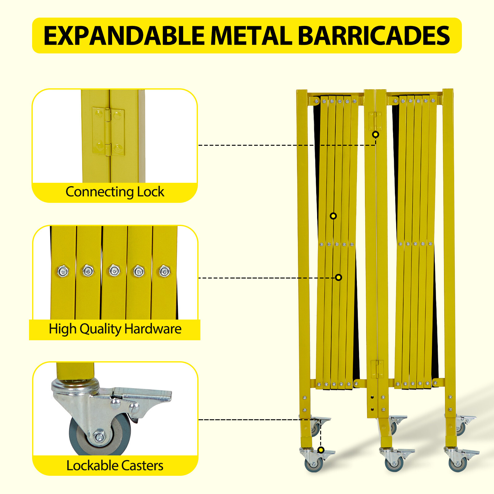 19.8FT Expandable Metal Barricade Safety Barrier Gate Traffic Fence W/ Casters