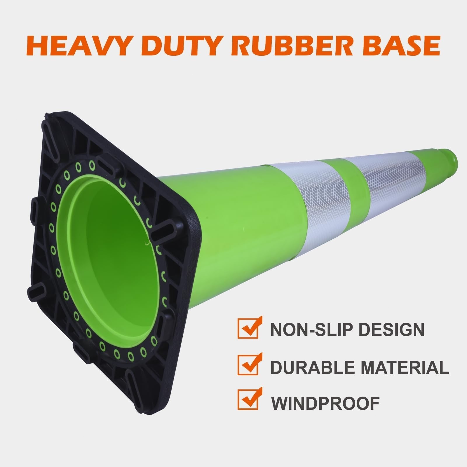 Green 12/18/28/36” Flexible Black Base PVC Traffic Cone with Reflective Collar