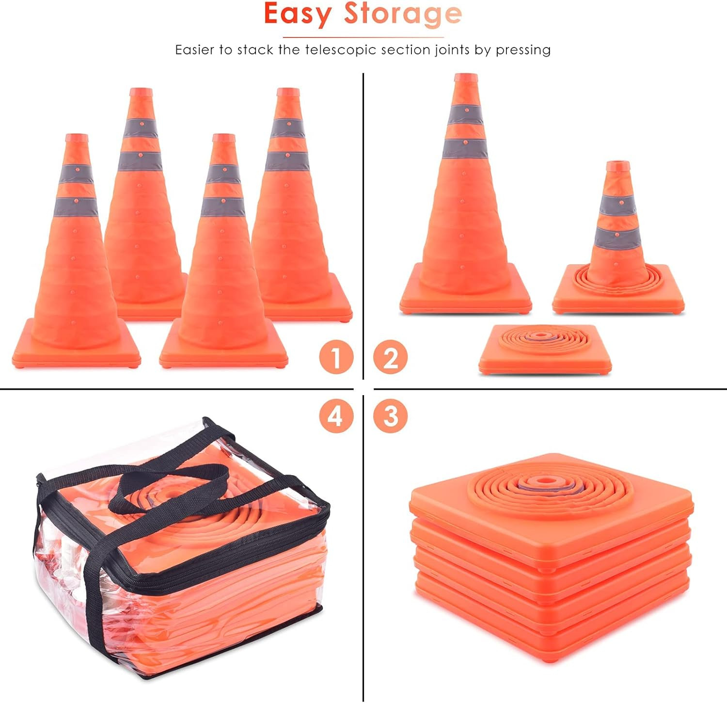 4 Pack 18 Inch Collapsible Traffic Cones with Bag, Safety Cones with 4 LED Safet