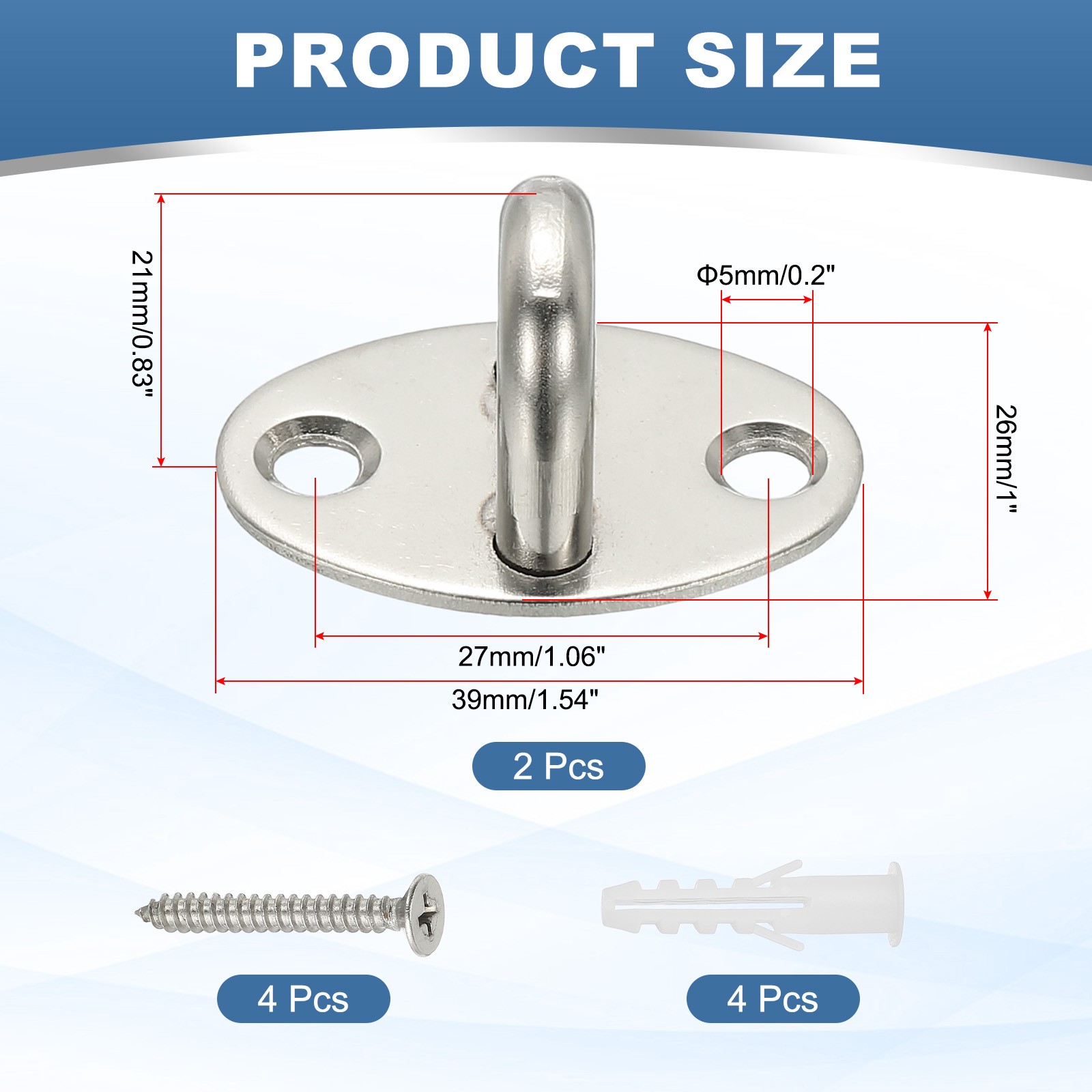 2Pcs Stainless Steel Ceiling Hooks, Oval Pad Eyes Plate Silver