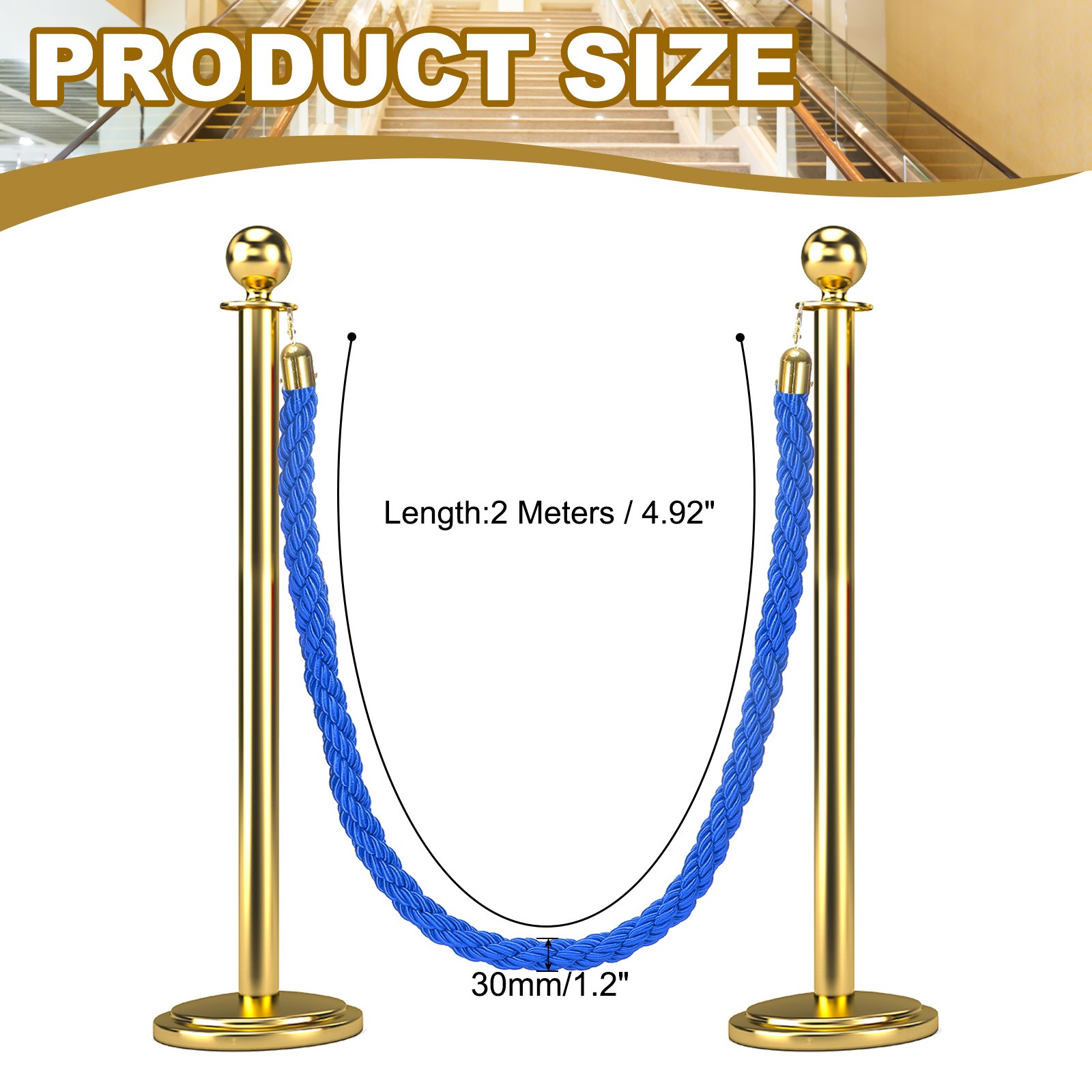 6.6 Ft/2 m Twisted Stanchion Rope Barrier Rope with Hooks Blue Golden