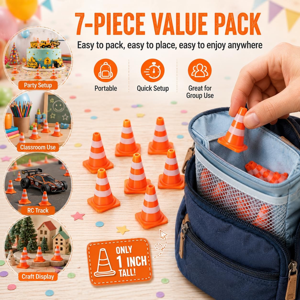 7 Pcs Mini Traffic Cones, 1″ Tiny Orange Safety Cones for Cake Toppers, Const…