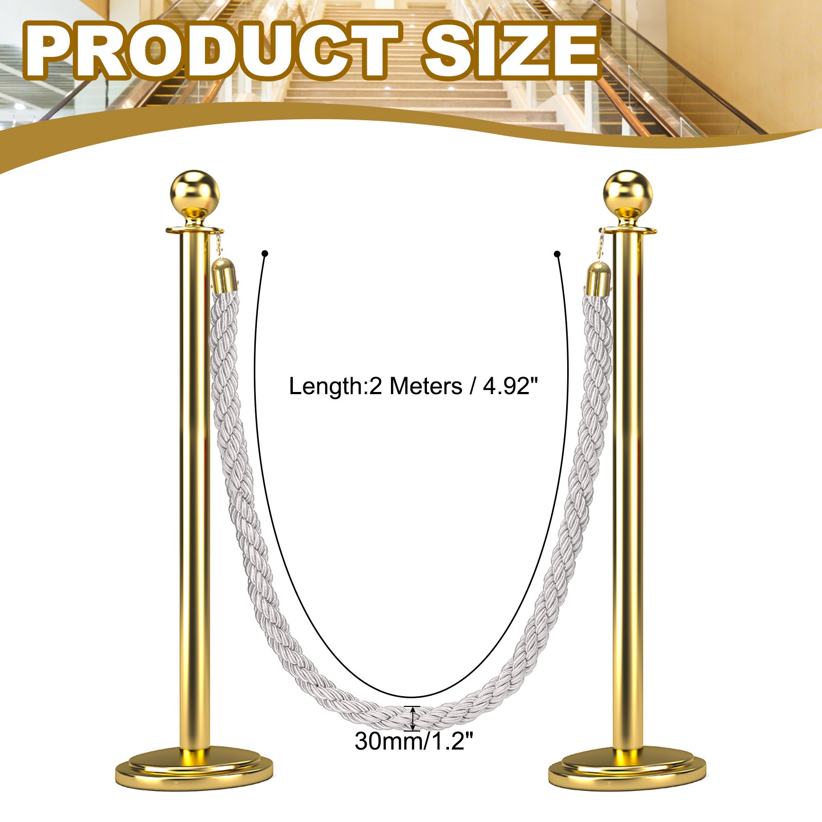 6.6 Ft/2 m Twisted Stanchion Rope Barrier Rope with Hooks White Golden