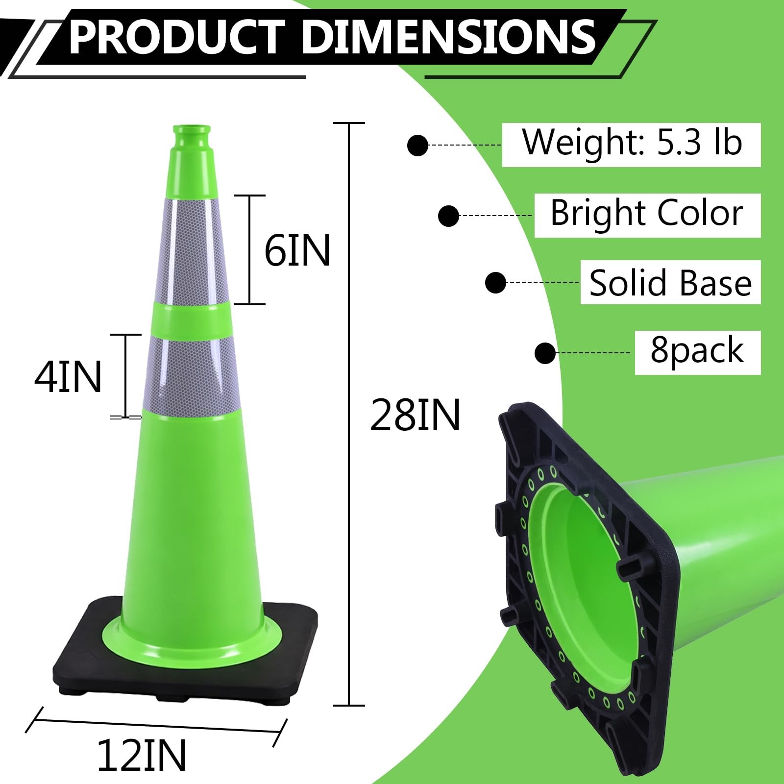 BESEA 8Pack 28″ inch Traffic Cones Green Safety Cones with 6 inch Reflective …