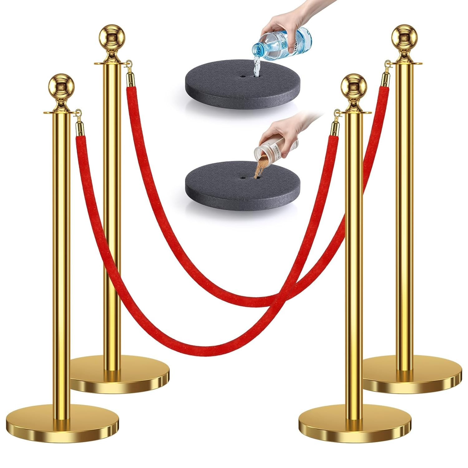 4Pcs Golden Stanchions with Red Velvet Ropes for Party & Photo Booth Decor