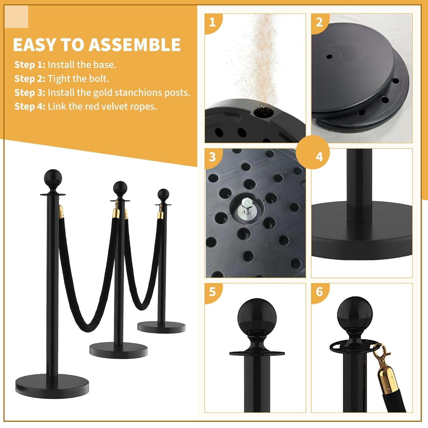 8Pcs Stanchions and Velvet Ropes with 15Ft Red Carpet,Complete Crowd Control Bar