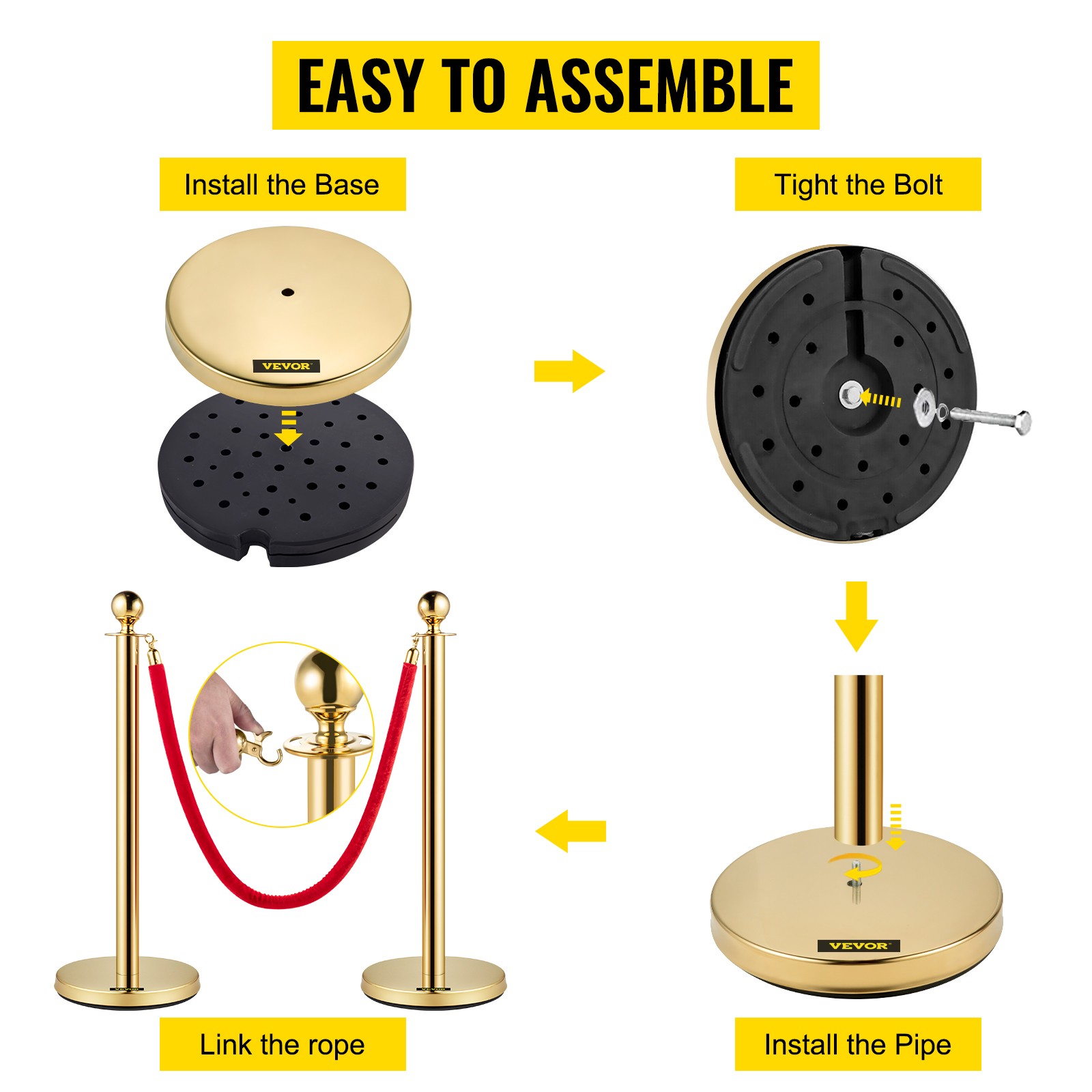 38Inch Gold Silver Stanchion Posts Queue Velvet Rope Crowd Control Line Barriers