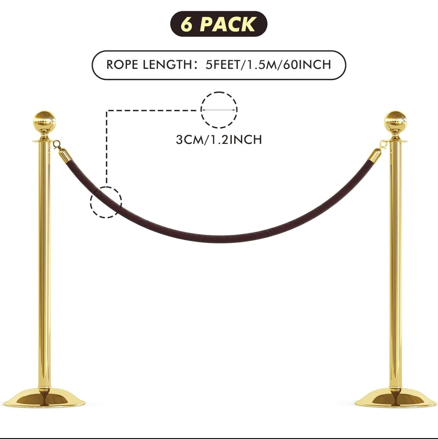 (6 PACK) Velvet Stanchion Rope 5 Feet Crowd Control Stanchion Ropes Safety